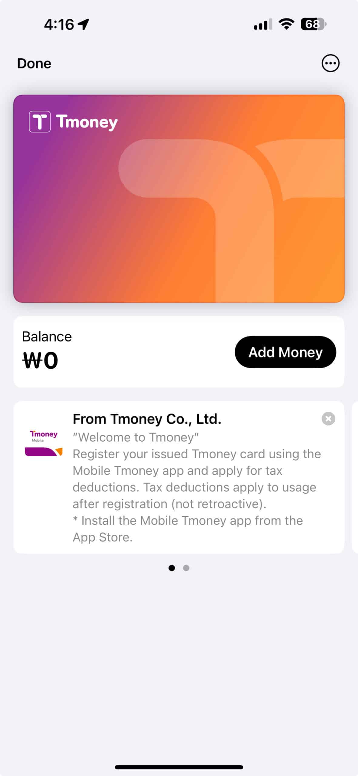 T-money card in Apple Wallet for iPhone
